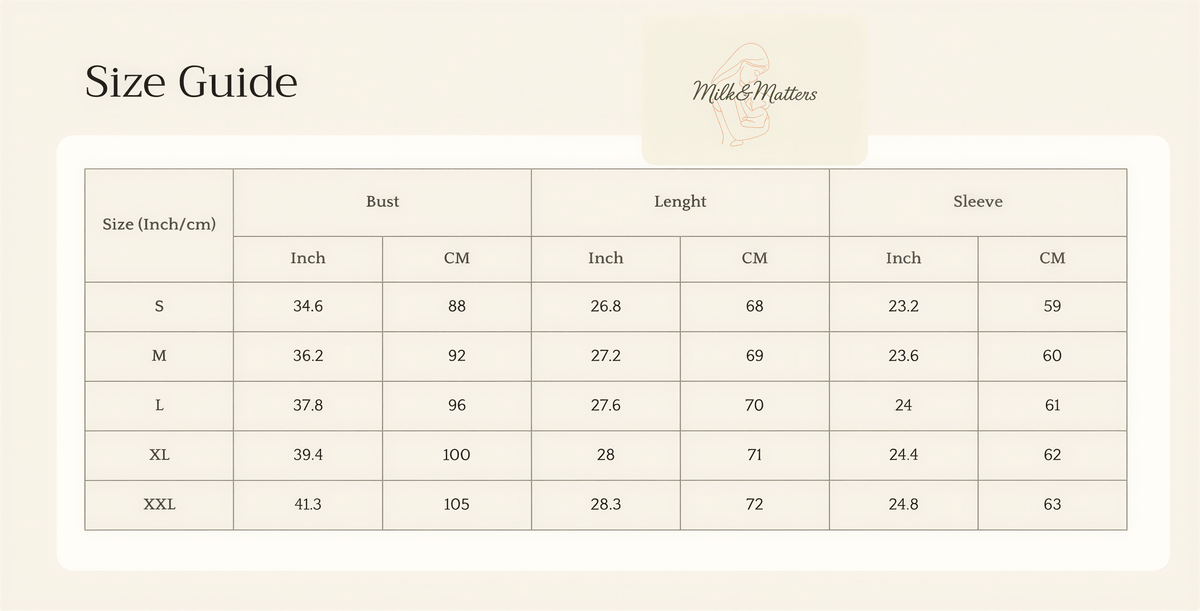 Size Guide table for Milk&Matters showing bust, length, and sleeve measurements in inches and cm for sizes S through XXL.