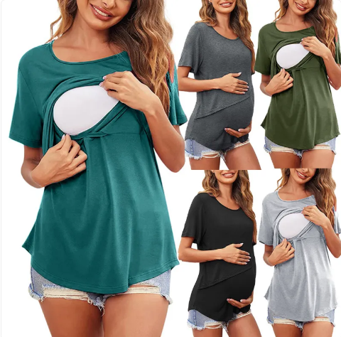 Short Sleeve Front Access Nursing T-Shirt - Lift Up Maternity Top
