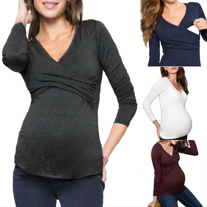 Long Sleeve Nursing T-Shirt – Plain V-Neck Maternity Top