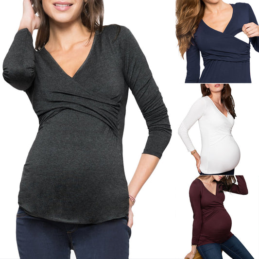 Long Sleeve Nursing T-Shirt – Plain V-Neck Maternity Top