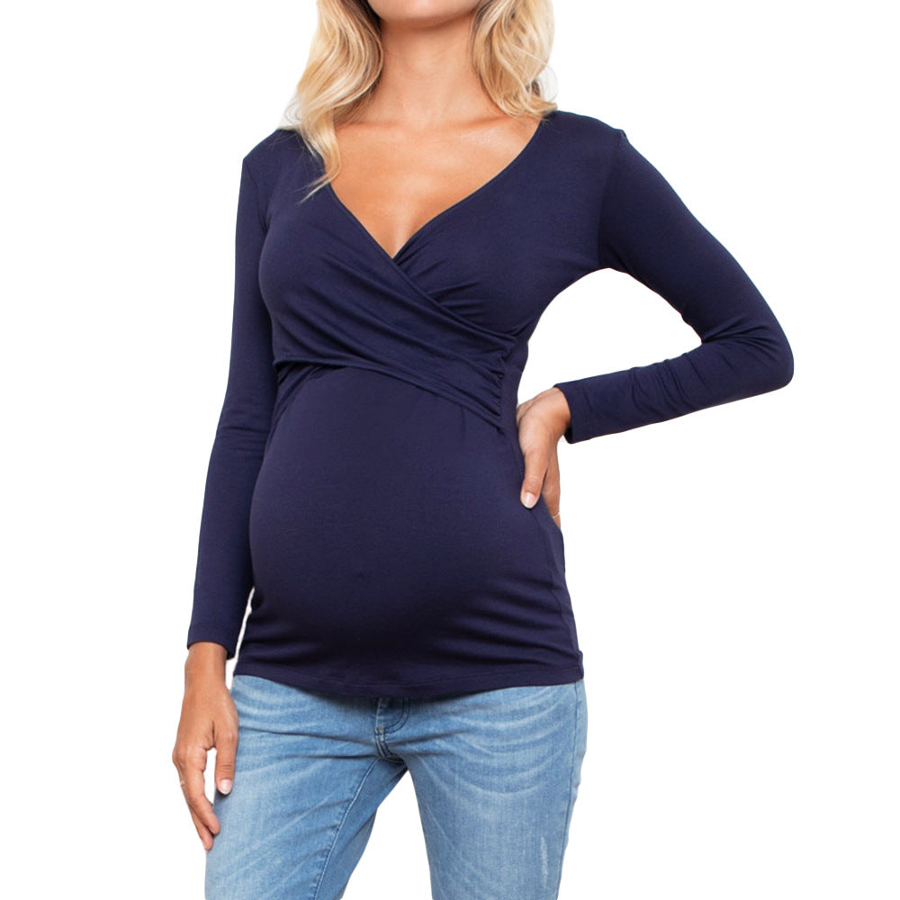 Long Sleeve Nursing T-Shirt – Plain V-Neck Maternity Top