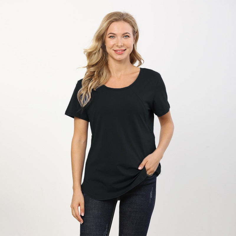 Short Sleeve Zip-Access Nursing T-Shirt – Hidden Zipper Maternity Top